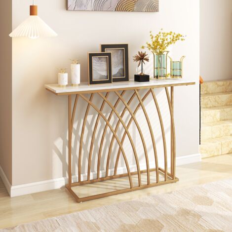 Maisonchic – Table console en faux marbre blanc – Cadre en métal doré – Dimensions 120 x 30 x 80 cm – Dispositif anti-basculement inclus
