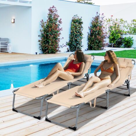 Chaise Longue Pliante avec Appuie-tête et Cavité Faciale Dossier Réglable à 5 Positions pour la Terrasse le Camping 150 kg Beige CW6048 Maison Chic (1/3)