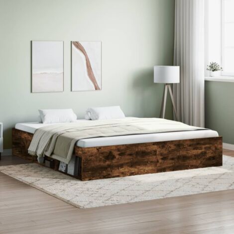 Maisonchic – Lit adulte 180 x 200 cm – Cadre en bois d'ingénierie chêne fumé – 6 compartiments de rangement – Dimensions totales 203 x 183 x 35 cm - KSAW97336