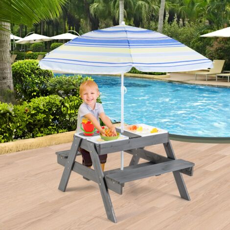 Ensemble de Table et Bancs de Pique-nique pour Enfants Table d'Activités 4 en 1 pour Sable et Eau avec 3 Bacs Couvercles Amovibles Gris Maison Chic