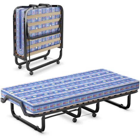 Lit d'Appoint Pliable sur Roulettes 80 x 200 CM Lit Pliant Matelas en Mousse 10 CM 15 Lattes de Lit en Bois Bleu Maison Chic (1/5)