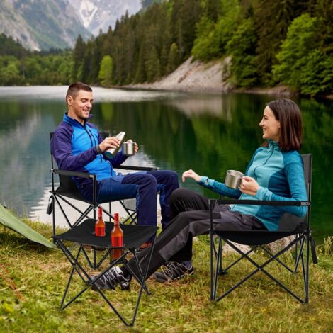 Lot de 2 Chaises de Camping Pliante Charge180KG Table d'Appoint Porte-gobelets Poches de Rangement Pique-nique Pêche Noir Maison Chic (1/5)