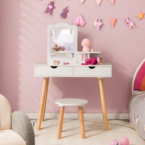Coiffeuse Enfant 2 En 1 Avec Miroir En Forme Lapin,table De Maquillage En Bois Avec Tabouret Mignon 0783501202387