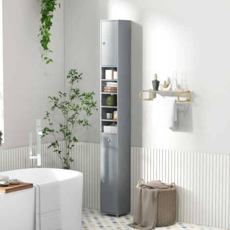 Meuble de Rangement Salle de Bain,Meuble Colonne 2 Placards 1 Tiroir 5 Étagères Réglables 20x20x180cm Gris CWXT6671 DESIGN IN (1/3)