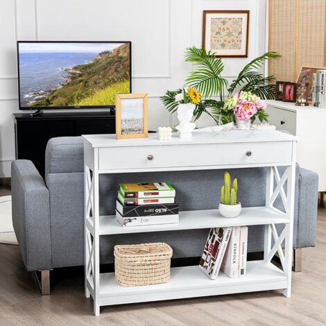 Table de Console Table d’Entrée avec 1 Tiroir et 2 Etagères de Rangement pour Couloir Salon100 x 30 x 80 CM Blanche Maison Chic (1/5)