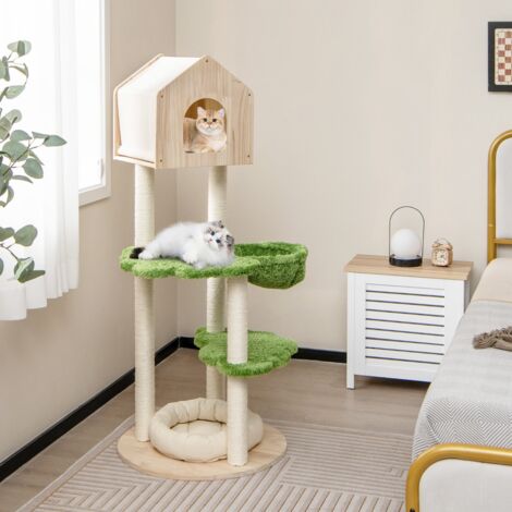 Arbre à chat, Maison à chat 139CM en Bois avec Griffoir, Condo et Plate-forme Vert CW6000 Maison Chic (1/5)