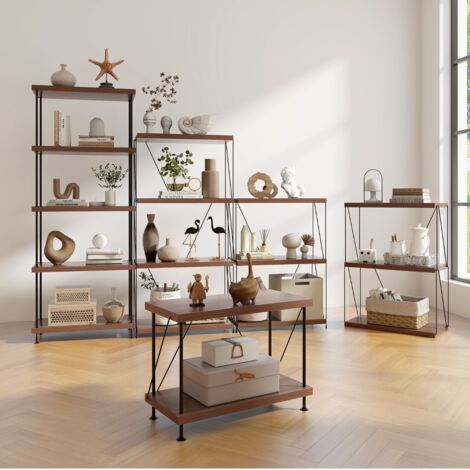Etagère à 2 Niveaux Bibliothèque Autoportante avec Cadre en Métal Étagère de Rangement de Style Industriel Finition Grain de Bois Noyer Maison Chic (1/5)