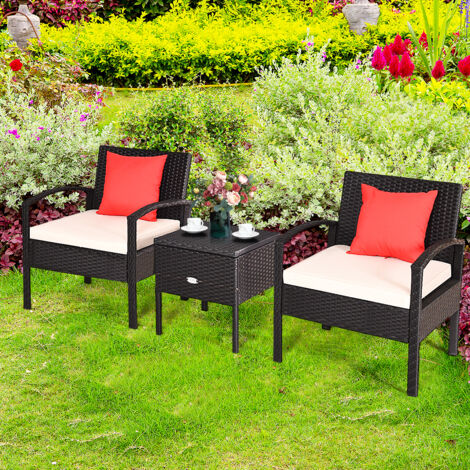 Salon De Jardin LIFEZEAL 2 Fauteuils + Table Basse - Rotin PE, Verre Trempé, Noir