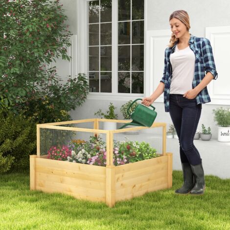 Jardinière carré potager extérieur en bois de sapin avec clôture de protection et grille de culture CWXT7361 DESIGN IN (1/5)