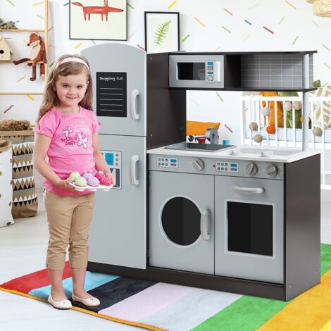 Cuisine En Bois GOPLUS Pour Enfant – Avec Réfrigérateur, Micro-ondes, Plaque, Lave-vaisselle, évier – 82x66x88 Cm – 5 Accessoires Inclus – Dès 3 Ans
