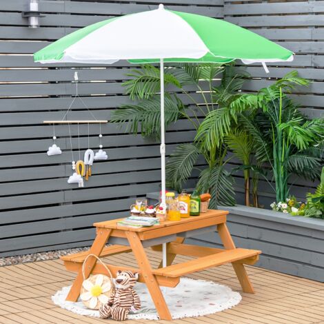 Table 2 Bancs 3 en 1 pour 4 Enfants avec Parasol et Boîtes Sable Eau Vert et Blanc CWXT1961 DESIGN IN