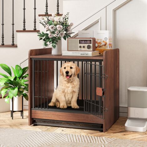 Meuble Cage pour Chien de Petite et Moyenne Taille Cage d'Intérieur pour Chien avec Plateau Amovible Porte Verrouillable Marron Rustique CW6566 Maison Chic