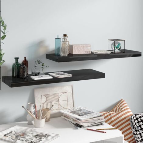 Lot de 2 Étagère murale flottante Armoire murale Meuble Étagère Noir brillant 80x23,5x3,8 cm MDF 19065 (1/5)