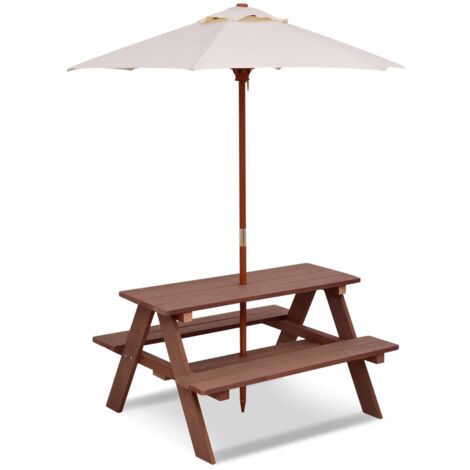 Table avec 2 Bancs et Parasol de Jardin pour Enfant en Sapin Table de Pique-nique pour 4 Enfants Beige + Marron Maison Chic