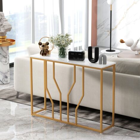 Table Console Meuble d'Entrée Effet Marbre 110 x 30 x 80 CM Design Géométrique Moderne Cadre en Métal Doré Blanc CW9454 Maison Chic