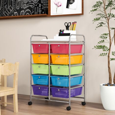 Tour de Rangement à Roulettes- 10 Tiroirs Amovibles 65,5 x 37 x 87 CM Format A4 et et Lettre Blanc Multicolore CW4401 DESIGN IN (1/3)