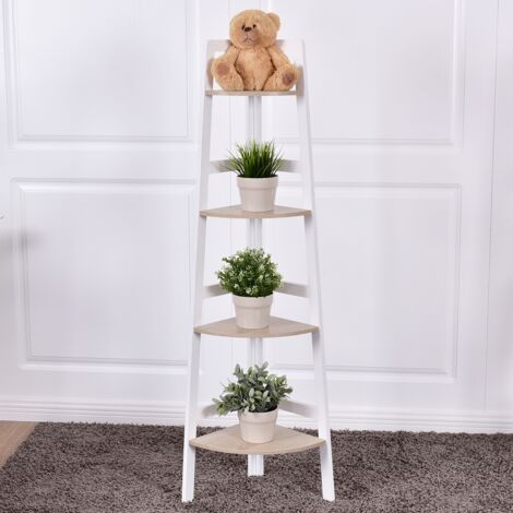Etagère d'angle Meuble d'angle à 4 niveaux Bibliothèque Support de plantes en MDF, 32x32x138cm, Blanc-naturel DESIGN IN