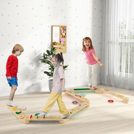 Poutre D'équilibre Enfant En Bois - Pierres D'obstacle Colorées - Intérieur Extérieur