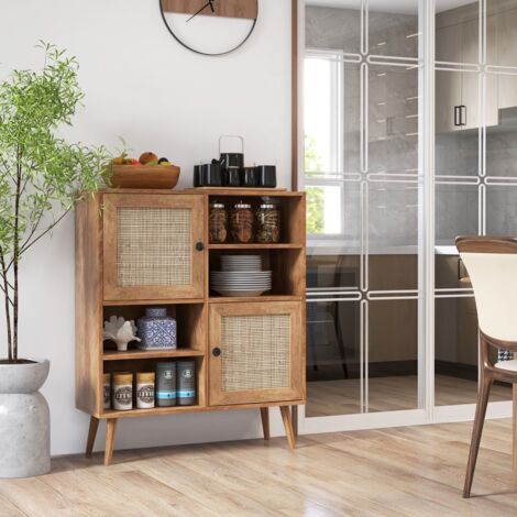 Buffet Cuisine Meuble de Rangement avec 2 Placards 4 Compartiments Porte Cannage Pieds en Bois Massif 80 x 29,5 x 97 cm Maison Chic (1/5)