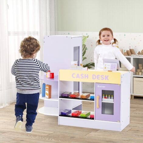 GOPLUS Supermarché En Bois Autoportant Avec Caisse Enregistreuse, Distributeur Et 13 Accessoires, Jeu De Rôle Pour Enfants 3-8 Ans, Vert