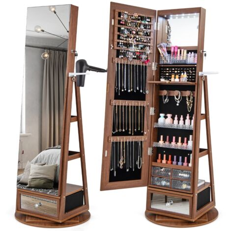 Armoire à Bijoux Pivotante 360°, Miroir Pleine Longueur, LED, Étagère 3 Niveaux, Marron, Porte Verrouillable CW7892 Maison Chic (1/3)