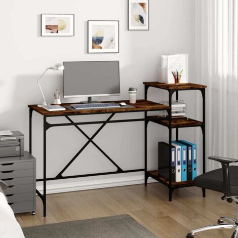 Bureau，Table de travail，Table d'étude et étagères chêne fumé 135x50x90cm bois d'ingénierie/fer CFW991825 (1/5)