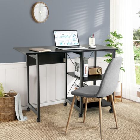 Bureau Pliable pour Ordinateur Table de Travail Moderne avec 2 Étagères de Rangement Table pour Ordinateur Portable avec 6 Roulettes Noir Maison Chic (1/5)