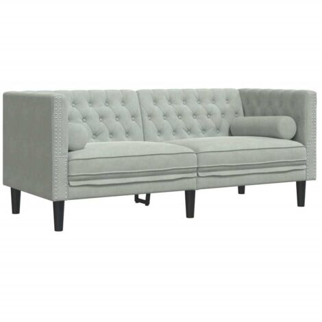 Canapé Chesterfield avec traversins 2 places，Sofa pour Salon，Banquette gris clair velours CFW997594