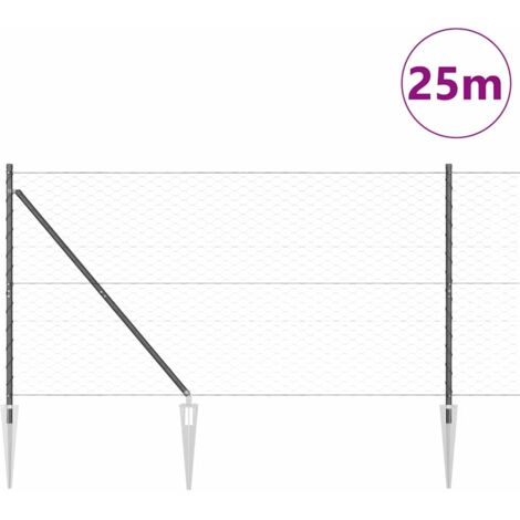 Grillage rouleau,Clôture Hexagonale Grise 1.4x25 m Acier, Poteaux de