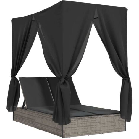 Chaise longue，Bain de soleil，Transat double avec toit et rideaux gris résine tressée CFW50218
