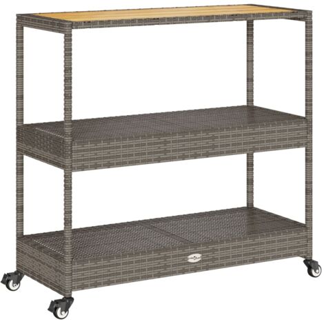 Chariot de bar 3 niveaux gris rotin et bois d'acacia massif CFW126727