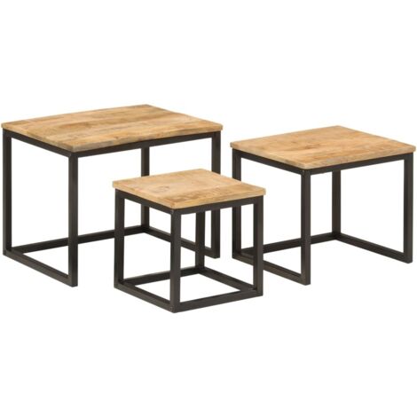 Tables basses gigognes 3 pcs,Table d'appoint,Table de Salon bois massif de manguier et fer CFW33175 (1/5)