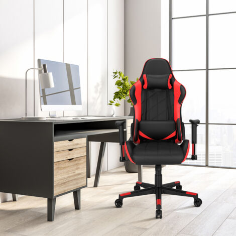 Chaise Gaming Réglable à Dossier Inclinable de 90°-160° avec Appui-tête Renfort Lombaire et Accoudoirs Rembourrés Rouge (1/5)