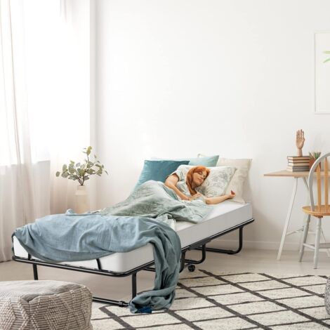 Lit Pliant 80x190 cm avec Matelas en Mousse Mémoire de Forme Lit d’Appoint Pliable en Acier avec 4 roulettes Universelles pour Maison Bureau (1/5)