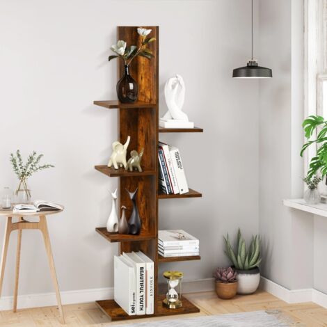 Bibliothèque à 8 Etagères Bibliothèque en Forme d’Arbre Autoportante Présentoir Multifonctionnel pour Livres et Plantes Marron Rustique (1/5)