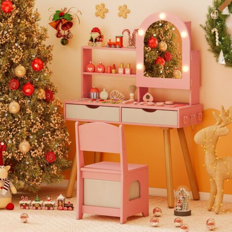 Coiffeuse pour Enfants Coiffeuse avec 3 Modes d'Éclairage Luminosité Réglable Miroir Étagères et Tiroirs Ouverts Rose (1/5)