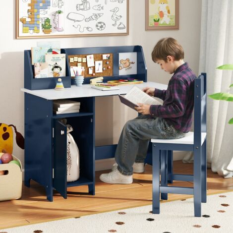 Bureau pour Enfants avec Chaise Tableau d'Affichage Bibliothèque en Bois pour le Salon Chambre d'enfants 3+ Ans Bleu