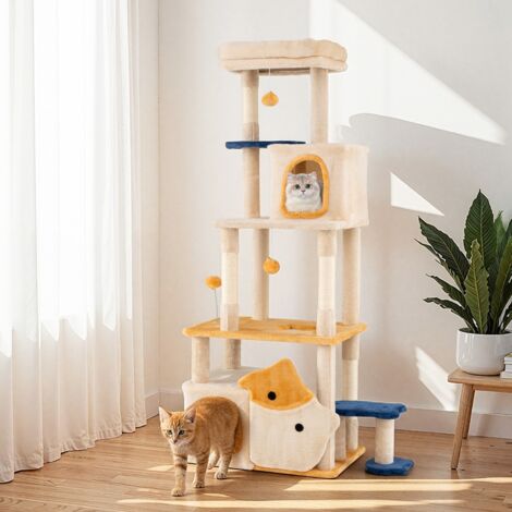 Arbre à Chat Mignon de 163cm avec 2 Condos Perchoir en Peluche Amovible Poteaux à Griffer en Sisal Plateformes en Forme de Poisson Jaune