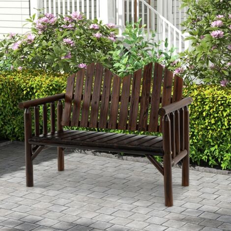 Banc de Jardin 2 Places en Bois Massif avec Dossier Incliné Siège à Lattes Spacieux et Accoudoirs de Soutien Charge 300KG Brun (1/5)