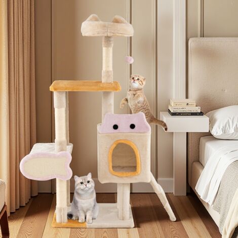Arbre à Chat Intérieur Tour à Chat avec Perchoir en Peluche Condo Poteaux à Griffer en Sisal Grattoir en Forme de Poisson Jaune (1/5)