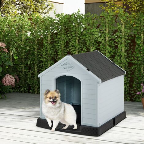 Niche Imperméable pour Chien avec Bouche d’aération et Plancher Surélever Cabane en Plastique Facile à Assembler Blanche et Toit Gris