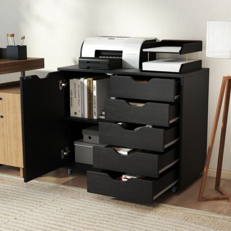 Classeur de Bureau à 5 Tiroirs avec Porte Classeur Mobile en Bois avec Étagère Réglable Classeur Latéral Roulant avec 5 Roulettes Noir (1/5)