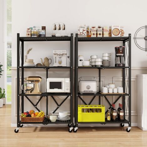 Étagère de Rangement Pliable à 4 Niveaux Etagère de Rangement Pliable avec Roulettes Verrouillables Etagère en Métal Robuste Noir (1/5)