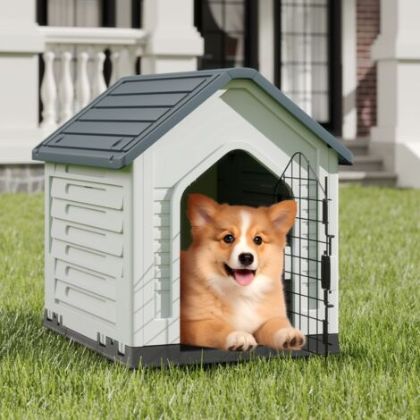 Niche en Plastique pour Chien Abri pour Animaux avec Porte en Métal Verrouillable Aérations et Toit Incliné pour Petits Chiens et Chats Gris (1/5)