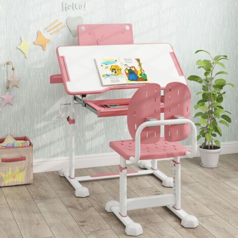 Ensemble de Bureau et Chaise pour Enfant Bureau d'Étude Réglable en Hauteur avec Plateau Inclinable Support de Livre Rose (1/5)