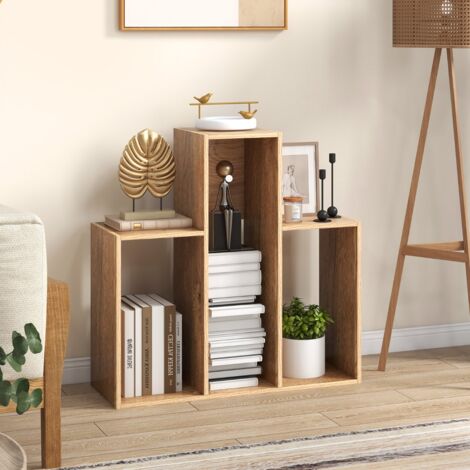 Bibliothèque Convexe Étagères à 3 Niveaux Meuble de Rangement avec Compartiments Ouverts Forme T 29,5 x 84 x 83,5 cm Naturel (1/5)