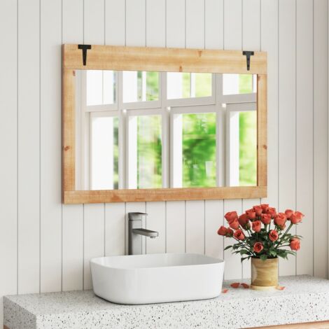 Miroir Mural 97 x 67cm Miroir de Style Rustique avec Cadre en Bois de Sapin Naturel Crochets en Métal Montage Vertical et Horizontal Naturel (1/5)