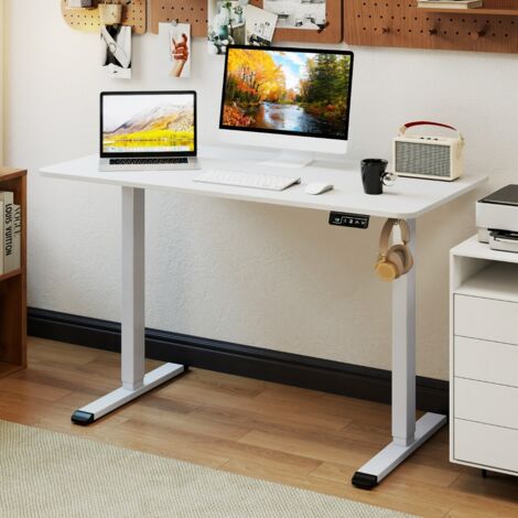 120x60 CM Bureau Debout avec Hauteur Réglable Crochet pour Casque Ergonomique Assis-debout avec Mémorisation des Hauteurs Trou Blanc (1/5)