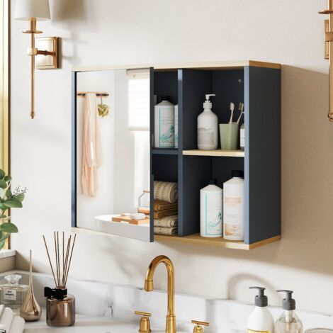 Armoire à Pharmacie avec Miroir Armoire Murale pour Salle de Bain avec Étagère Ajustable et Compartiments Ouverts Organisateur Gris (1/5)