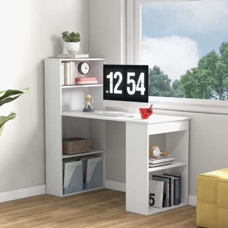 Bureau D'ordinateur avec Bibliothèque Bureau D'écriture Compact de 120 Cm avec Étagères de Rangement à 6 Niveaux Poste de Travail avec Base pour Blanc (1/5)